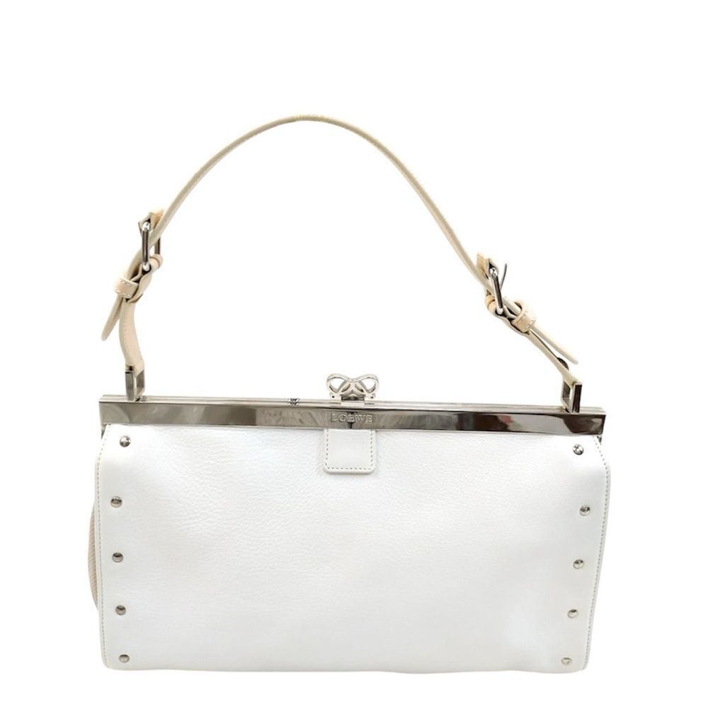 Auth LOEWE White Leather Frame Box Clutch Baguette Pouchette